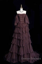 Chic Ball Gown Off The Shoulder Long Sleeves Evening Dress Tulle Long Prom Dress