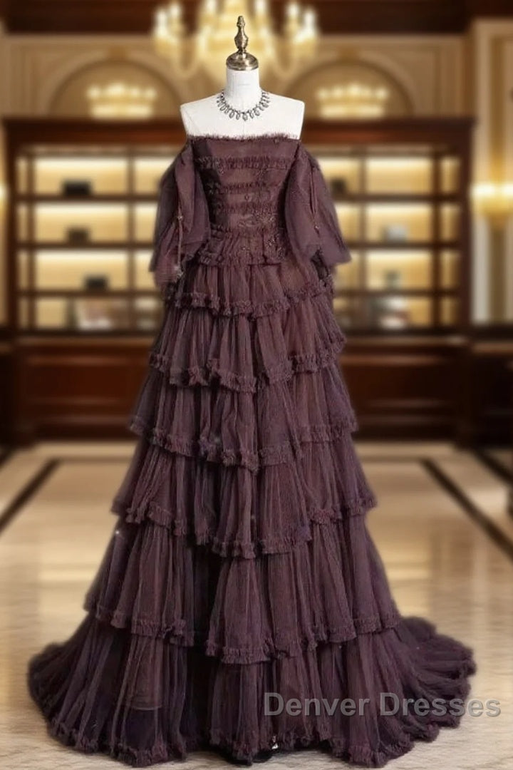 Chic Ball Gown Off The Shoulder Long Sleeves Evening Dress Tulle Long Prom Dress