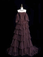 Chic Ball Gown Off The Shoulder Long Sleeves Evening Dress Tulle Long Prom Dress