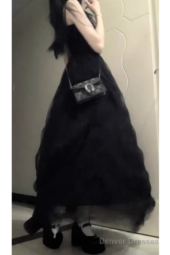 Chic Ball Gown Spaghetti Straps Black Tulle Long Birthday Dresses Birthday Outfits