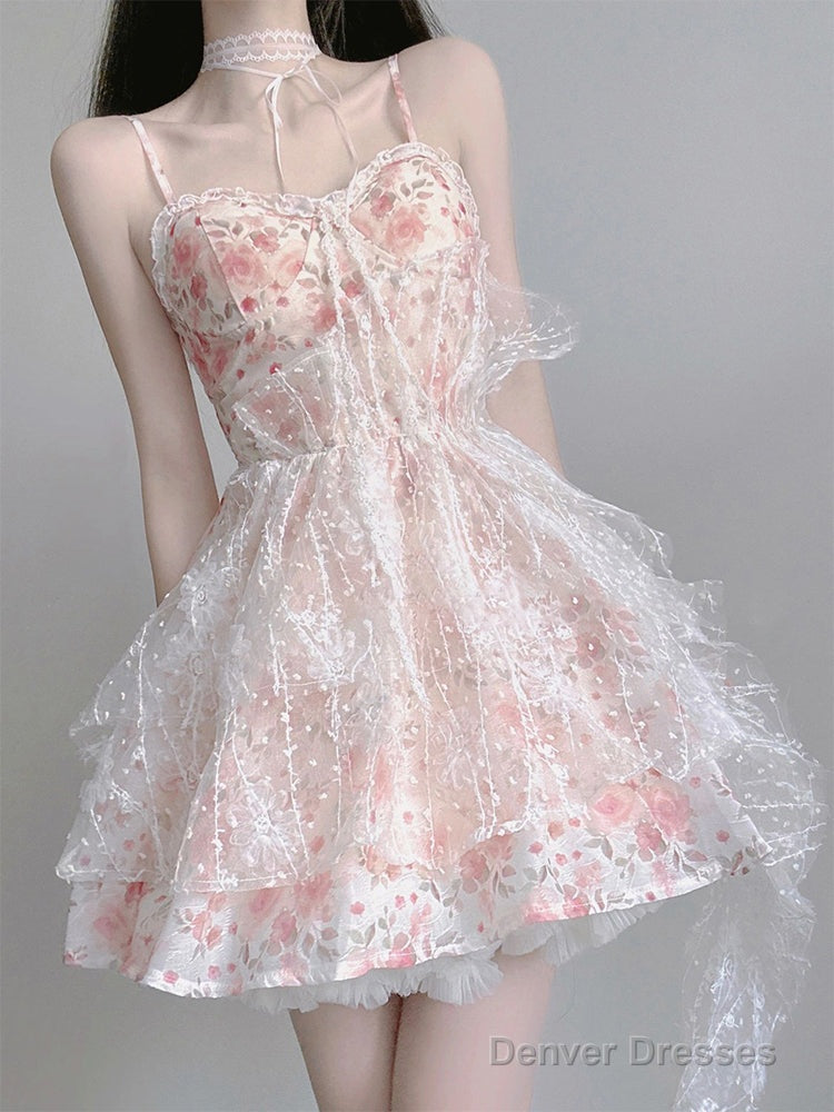 Chic Ball Gown Spaghetti Straps Lolita Dress Pink Birthday Dresses Birthday Outfits