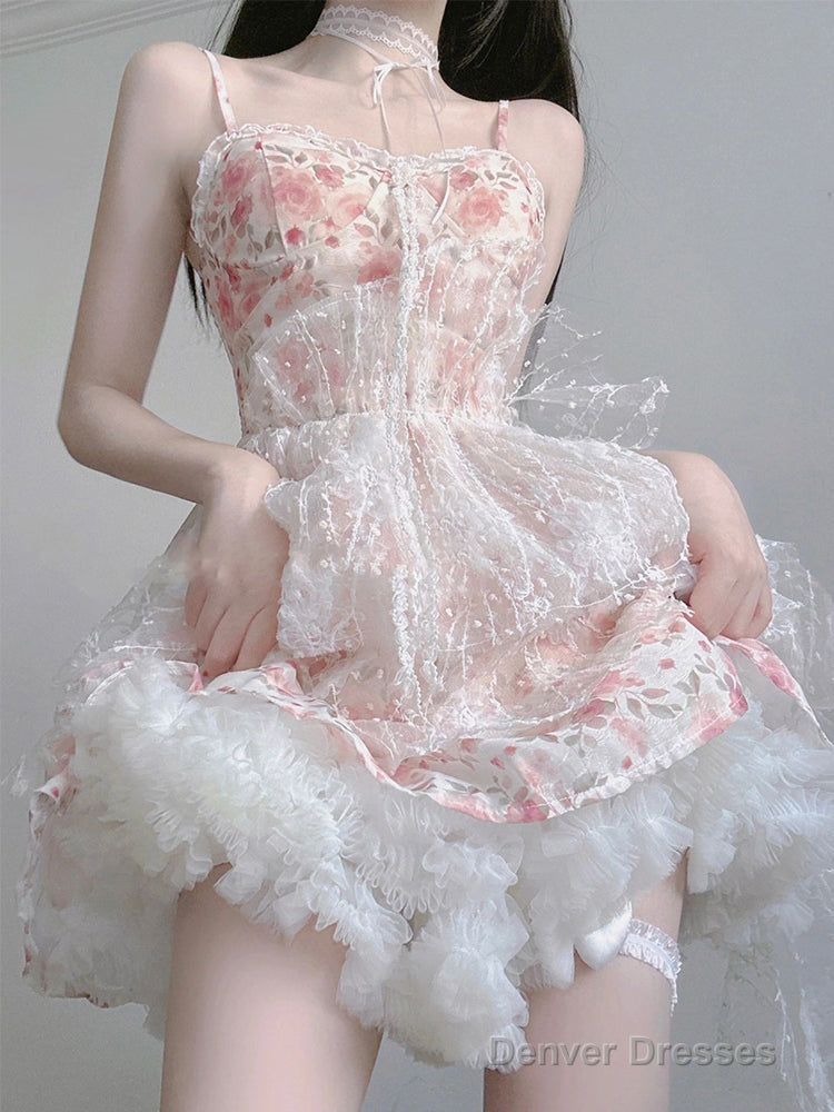 Chic Ball Gown Spaghetti Straps Lolita Dress Pink Birthday Dresses Birthday Outfits