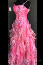 Chic Ball Gown Spaghetti Straps Pink Satin Evening Dress Long Prom Dress With Embroidered
