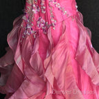 Chic Ball Gown Spaghetti Straps Pink Satin Evening Dress Long Prom Dress With Embroidered