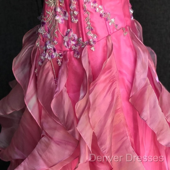 Chic Ball Gown Spaghetti Straps Pink Satin Evening Dress Long Prom Dress With Embroidered