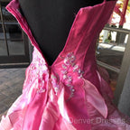 Chic Ball Gown Spaghetti Straps Pink Satin Evening Dress Long Prom Dress With Embroidered