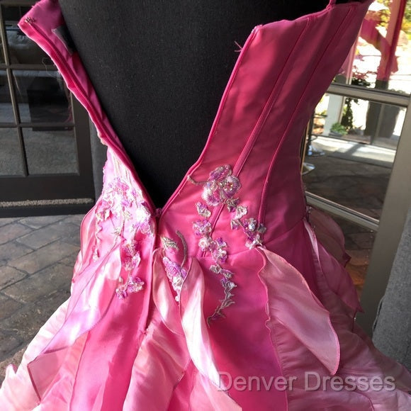Chic Ball Gown Spaghetti Straps Pink Satin Evening Dress Long Prom Dress With Embroidered