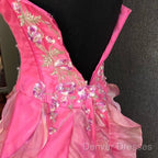 Chic Ball Gown Spaghetti Straps Pink Satin Evening Dress Long Prom Dress With Embroidered