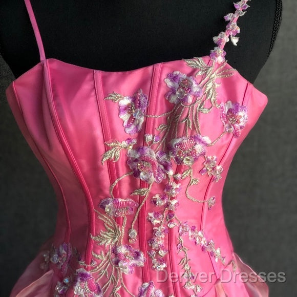 Chic Ball Gown Spaghetti Straps Pink Satin Evening Dress Long Prom Dress With Embroidered