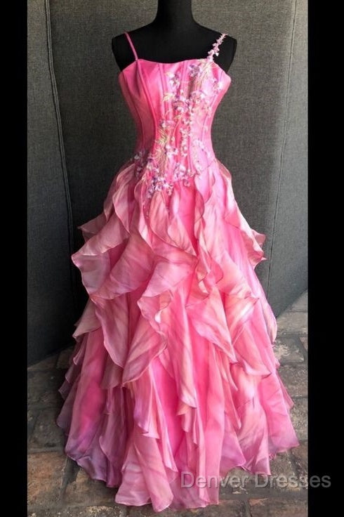 Chic Ball Gown Spaghetti Straps Pink Satin Evening Dress Long Prom Dress With Embroidered