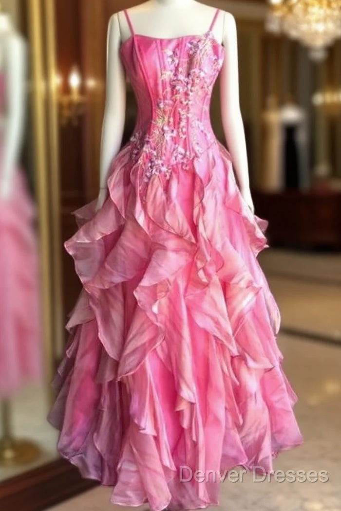 Chic Ball Gown Spaghetti Straps Pink Satin Evening Dress Long Prom Dress With Embroidered Main image