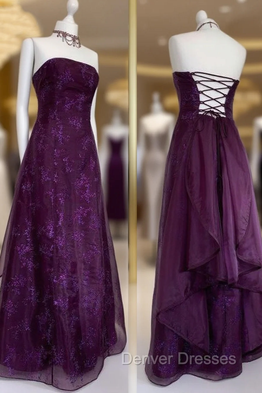 Chic Ball Gown Strapless Grape Tulle Evening Dress Long Prom Dress Main image