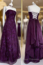 Chic Ball Gown Strapless Grape Tulle Evening Dress Long Prom Dress