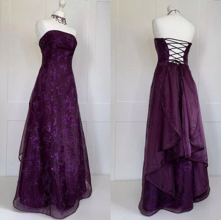 Chic Ball Gown Strapless Grape Tulle Evening Dress Long Prom Dress Main image