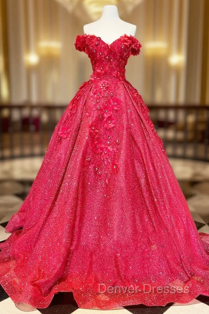 Chic Ball Gown V Neck Beads Appliques Red Off-the-Shoulder Long Quinceanera Dress With Petticoat Main image