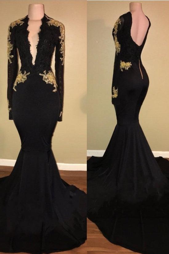 Chic Black And Gold Prom Dresses Deep V-Neck Long Sleevess Evening Gowns