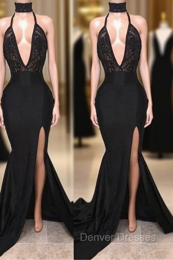 Chic Black High Neck Lace Front Split Mermaid Prom Party Gowns Main image