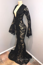 Chic Black Lace V-neck Long Sleevess Mermaid Prom Dress Sheer Floor Length Evening Gowns