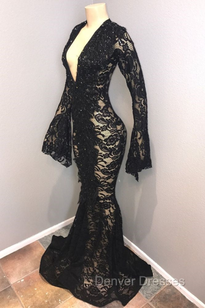 Chic Black Lace V-neck Long Sleevess Mermaid Prom Dress Sheer Floor Length Evening Gowns