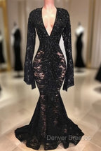 Chic Black Lace V-neck Long Sleevess Mermaid Prom Dress Sheer Floor Length Evening Gowns