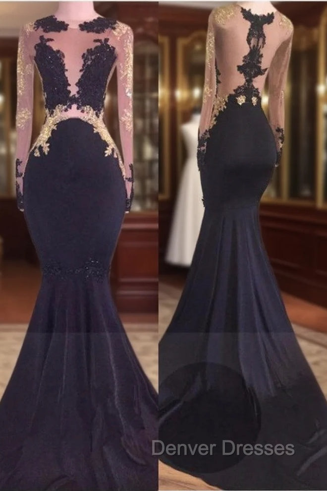 Chic Black Long-Sleeve Lace Mermaid Zipper Prom Party Gowns Main image
