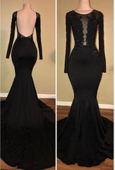 Chic Black Mermaid Prom Party GownsLong Sleeves With Lace Appliques