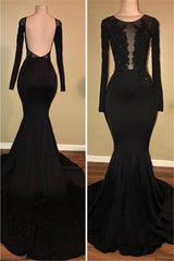 Chic Black Mermaid Prom Party GownsLong Sleeves With Lace Appliques