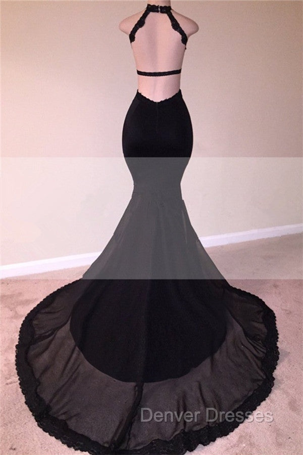 Chic Black Open Back Lace Prom Dress Sleeveless See Through Tulle Evening Gown