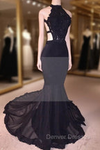 Chic Black Open Back Lace Prom Dress Sleeveless See Through Tulle Evening Gown