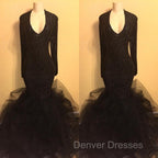 Chic black sequins prom dress, ruffles evening dress