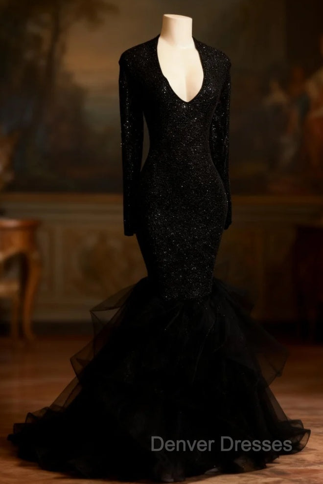 Chic black sequins prom dress, ruffles evening dress Main image
