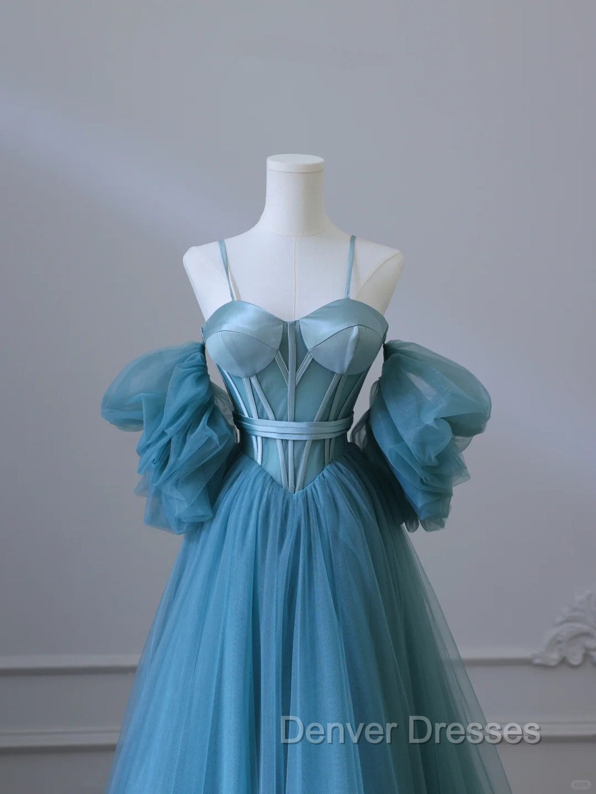 Chic Blue Sweetheart Straps Off Shoulder Tulle Formal Dress, Blue Prom Dress