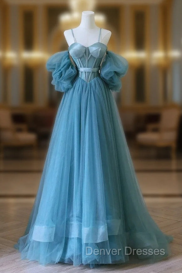 Chic Blue Sweetheart Straps Off Shoulder Tulle Formal Dress, Blue Prom Dress Main image