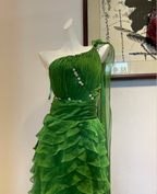 Chic Dark Green One-Shoulder Layered Ruffle Chiffon Long Prom Dress Evening Dress