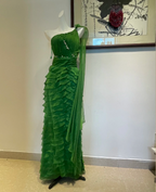 Chic Dark Green One-Shoulder Layered Ruffle Chiffon Long Prom Dress Evening Dress