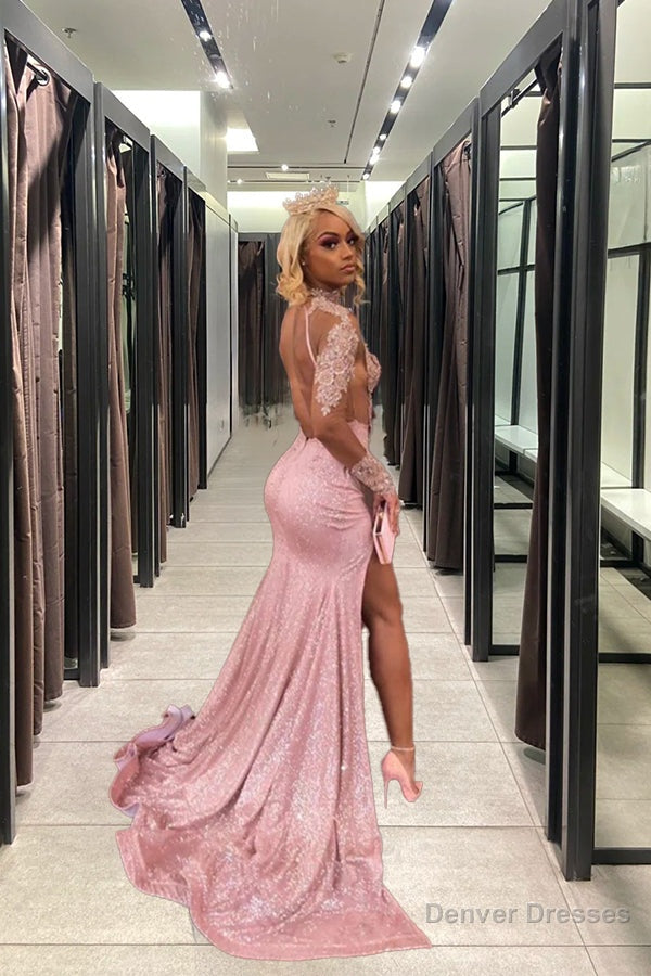 Chic Dusty Pink Long Sleevess Lace Appliques New Arrival High Split Sequined Long Prom Gowns Secondary image