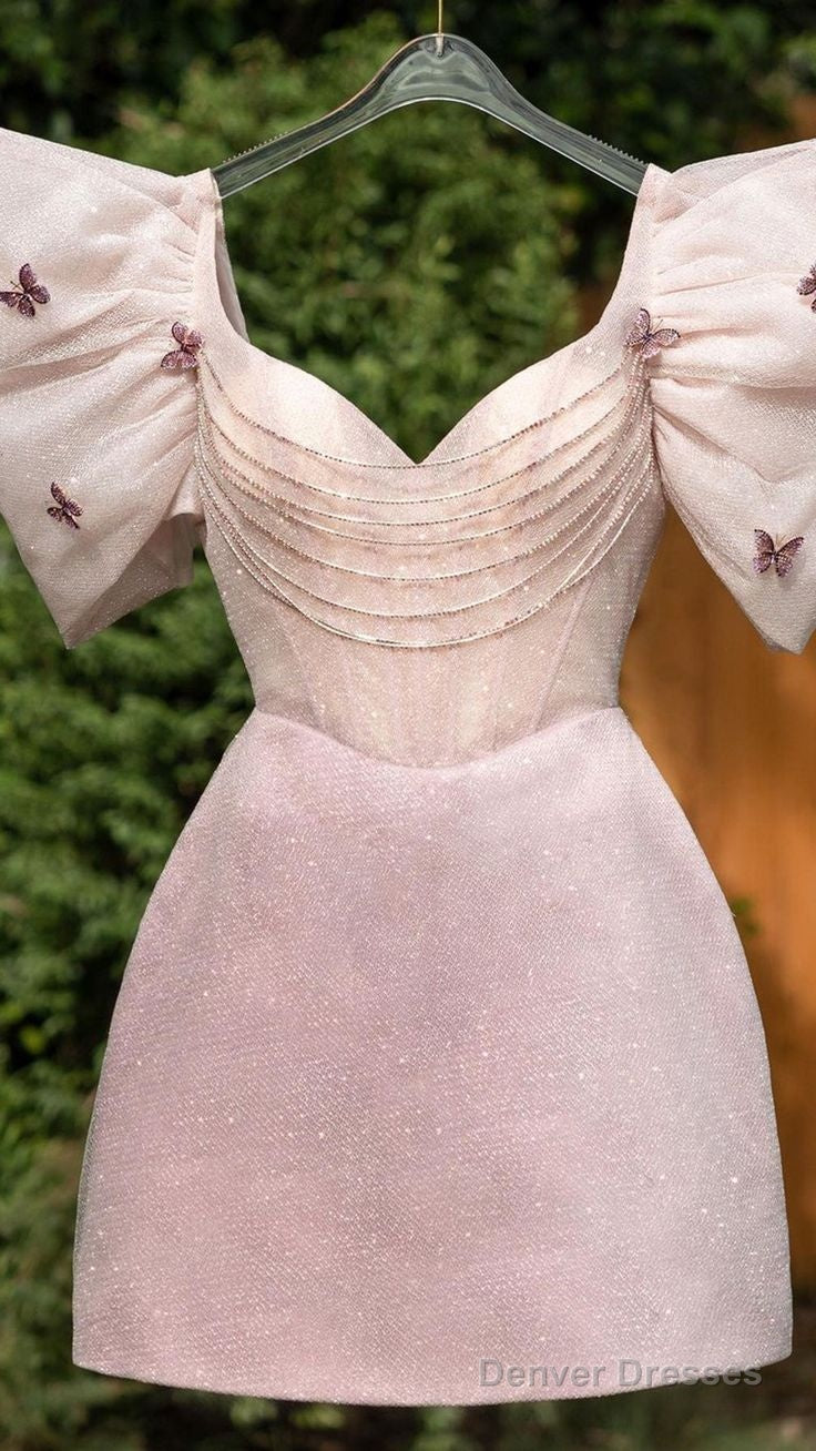 Chic Glitter A-Line V-Neck Puff Sleeves Gown Beaded Short Homecoming Dress Birthday Outfits Secondary image