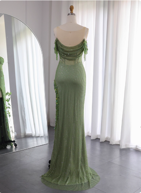 Chic Green Mermaid Tassel Slit Tulle Long Prom Dress Evening Dress Secondary image
