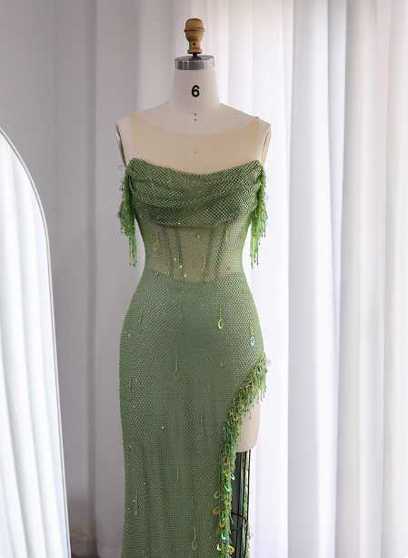Chic Green Mermaid Tassel Slit Tulle Long Prom Dress Evening Dress
