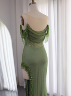 Chic Green Mermaid Tassel Slit Tulle Long Prom Dress Evening Dress