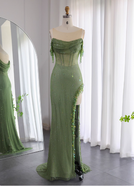 Chic Green Mermaid Tassel Slit Tulle Long Prom Dress Evening Dress Main image