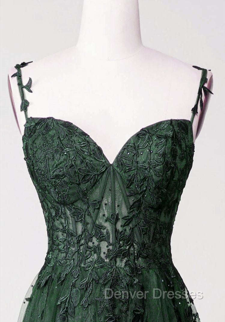 Chic Green Straps Tulle with Lace Party Dress, A-line Sweetheart Floor Length Prom Dress Secondary image