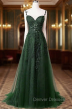 Chic Green Straps Tulle with Lace Party Dress, A-line Sweetheart Floor Length Prom Dress