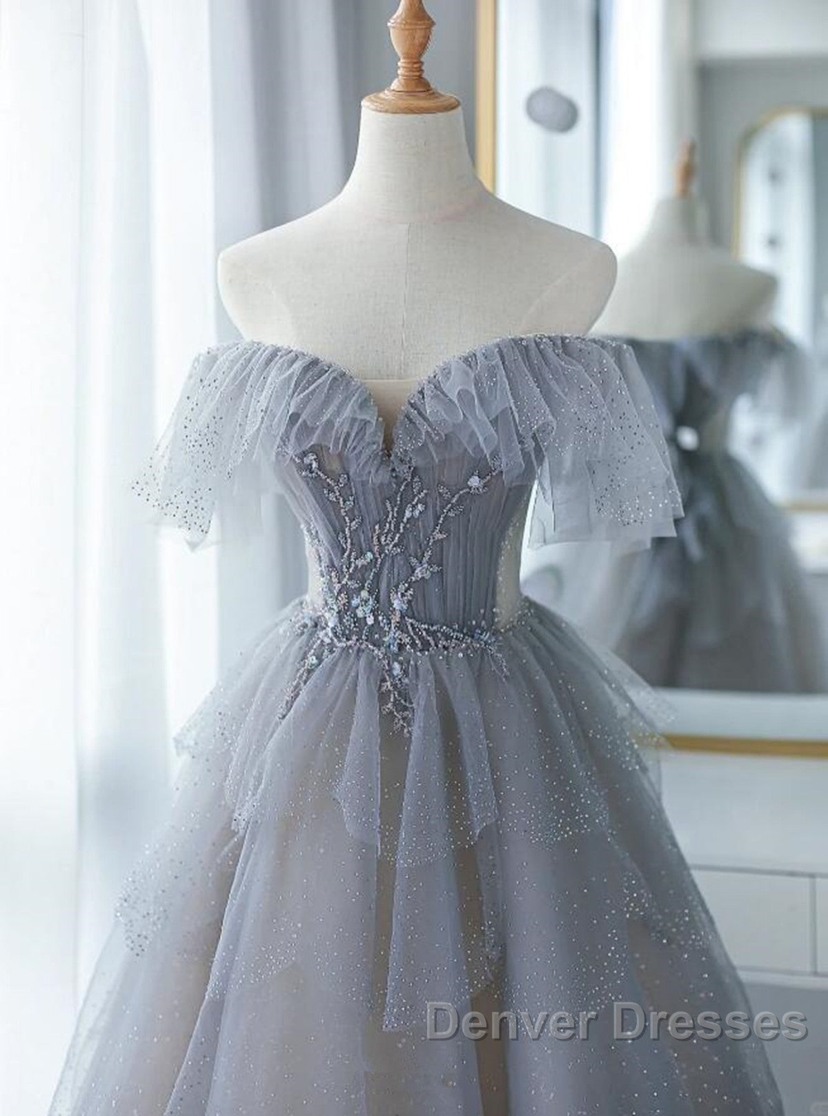 Chic Grey Beaded Layers Tulle Long Formal Dress, Grey Off Shoulder Prom Dress