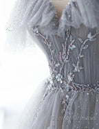 Chic Grey Beaded Layers Tulle Long Formal Dress, Grey Off Shoulder Prom Dress
