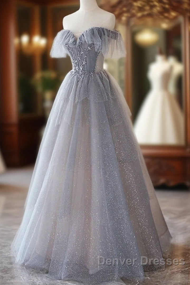 Chic Grey Beaded Layers Tulle Long Formal Dress, Grey Off Shoulder Prom Dress