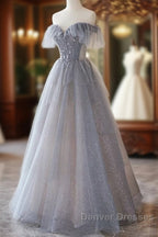Chic Grey Beaded Layers Tulle Long Formal Dress, Grey Off Shoulder Prom Dress