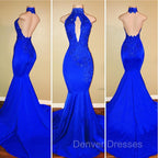 Chic Halter Mermaid Prom Party GownsLong With Lace Appliques