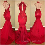 Chic Halter Mermaid Prom Party GownsLong With Lace Appliques