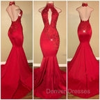 Chic Halter Mermaid Prom Party GownsLong With Lace Appliques